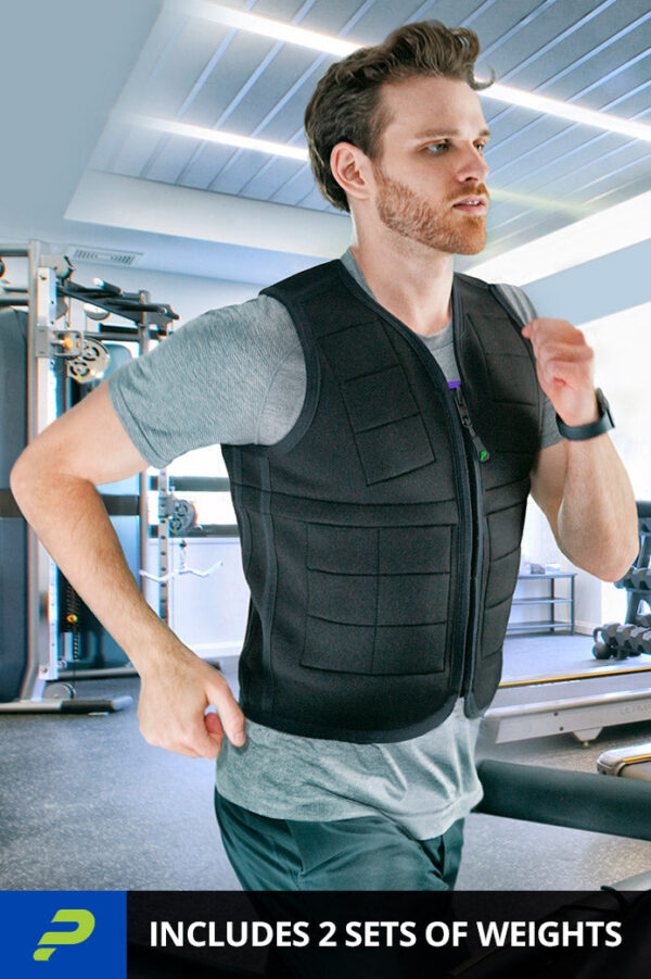 Man running in weighted black vest from Power WearHouse caption reads "Includes 2 sets of weights"
