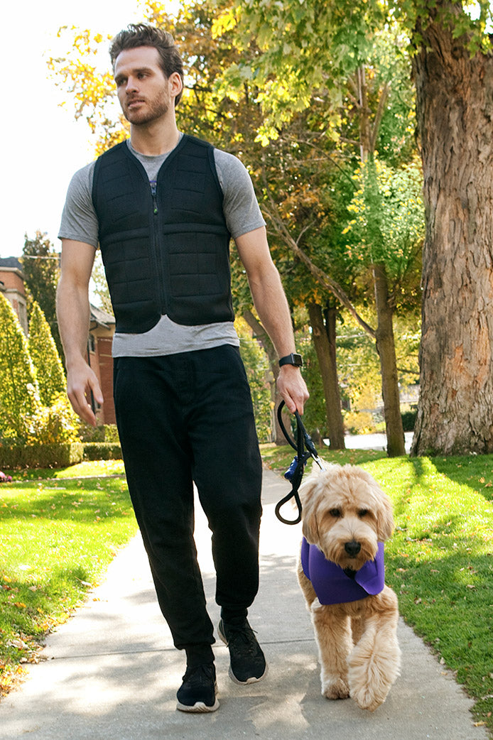 Man walking dog in black weighted vest from Power Wearhouse