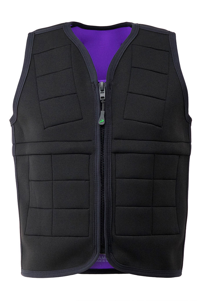 Product shot of fitted unisex black weighted vest with removeable weight pockets and purple interior