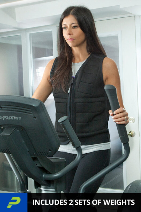 Woman using elliptical workout machine in black weighted unisex vest from Power Wearhouse