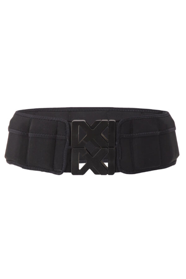 Product shot of a black weighted belt for running, walking, and exercise