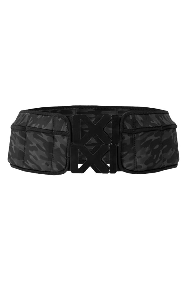 Product shot of black urban camo printed weighted exercise belt from Power WearHouse