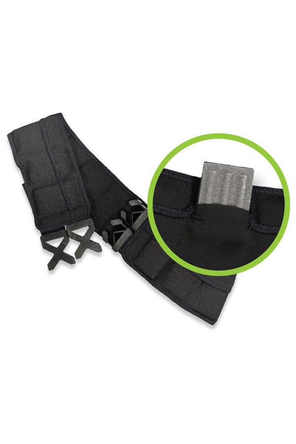 Close up look at how weights can be added or removed from weighted exercise belt though inner pockets